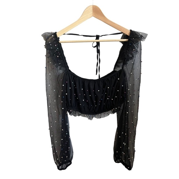 CAMILA Coelho Revolve Suza Crop Mesh Sleeve Top in Black Multi Pearl Dot Large - Picture 4 of 8